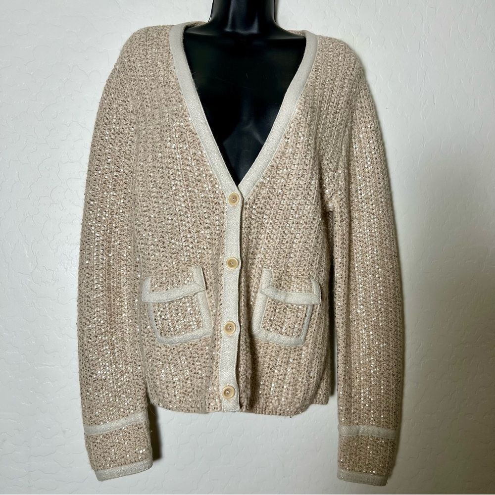 J Crew Collection Holiday 100% Alpaca Sequin Metallic V Neck Cardigan Lady L